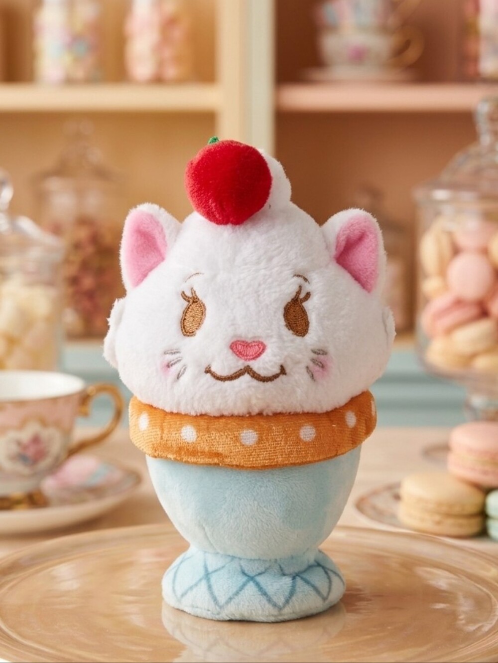 Disney Kawaii White Cat Dessert Plush 5" Ice Cream Sundae Cherry Mini Toy